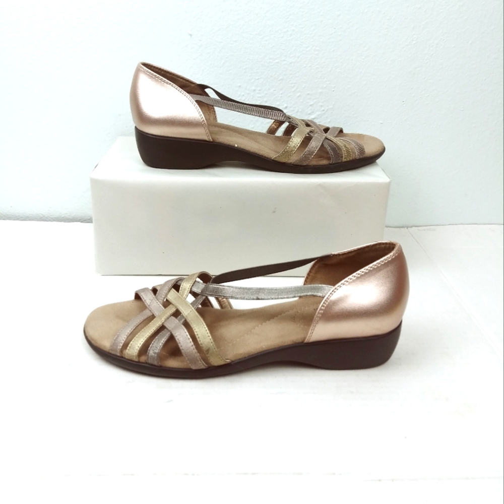 Life Stride Rose Gold Metallic Open Toe Flat Shoes Fisherman Strappy Size 8 Wide